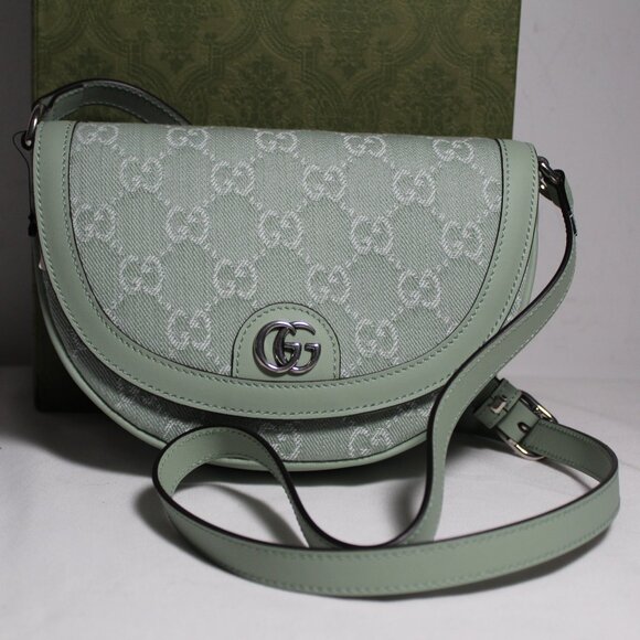 NWT GUCCI GG Ophidia Summer Denim Harness Travel Shoulder Bag Salvy Green 757309 - Picture 1 of 12